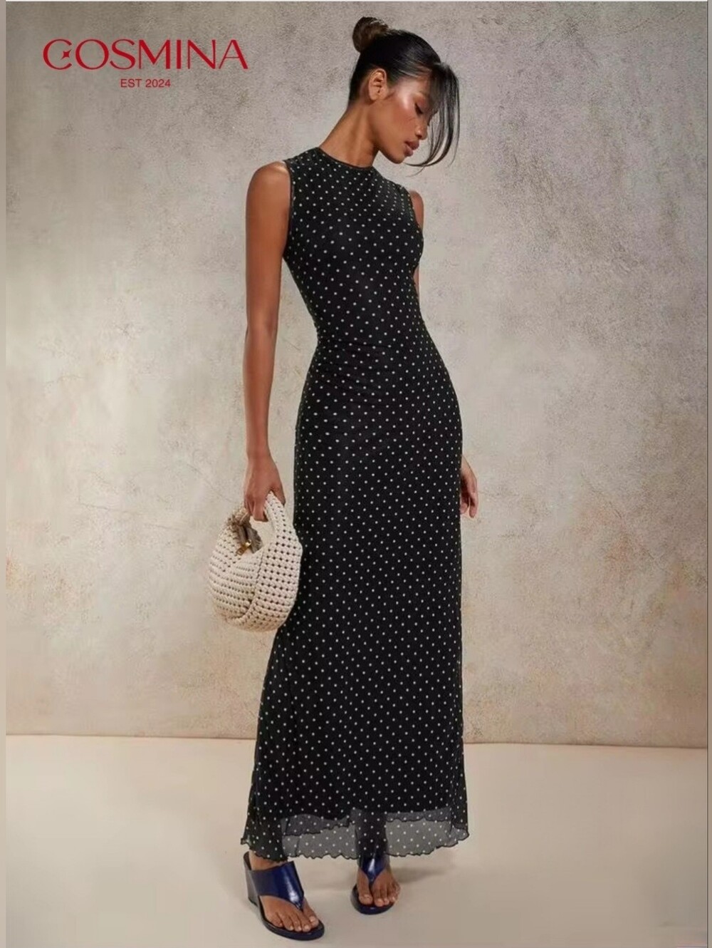 NWT COSMINA Polka Dot Print Sleeveless Maxi Dress Size M